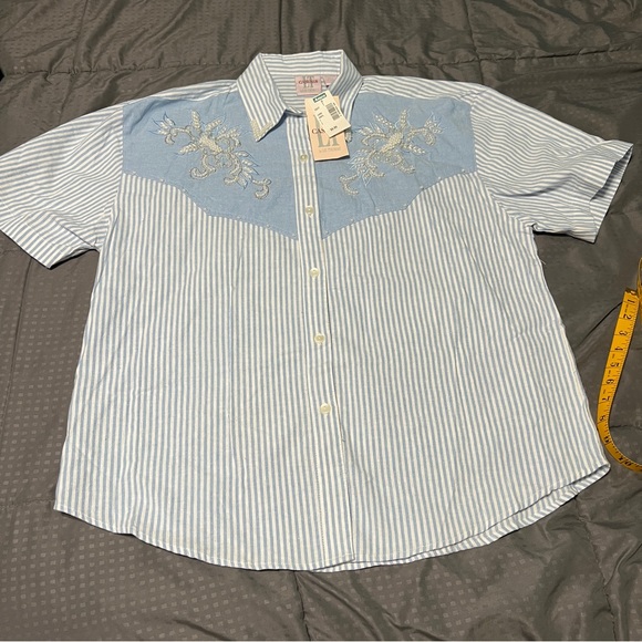 LT Casuals by Liz Thomas white blue striped button down shirt beaded nwt large - Picture 1 of 7